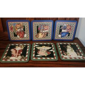 Vtg Pimpernel Christmas Bear Angel  Coasters Set of 6‎ with Box cork back